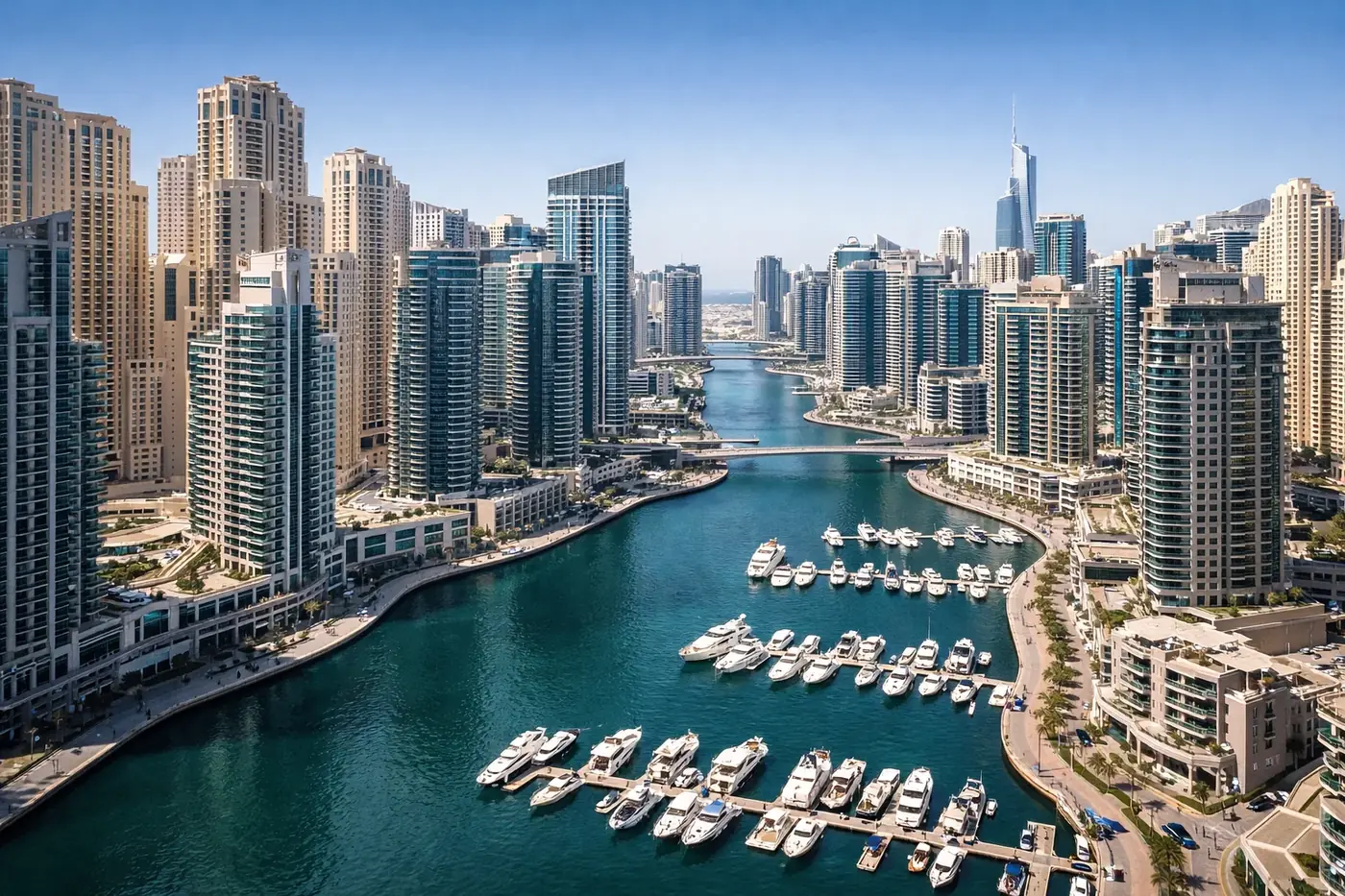 Dubai marina waterfront skyline aerial