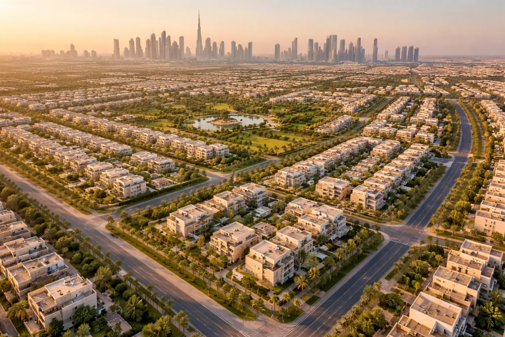 Aerial view of Dubai master-planned community showing residential layout and infrastructure.