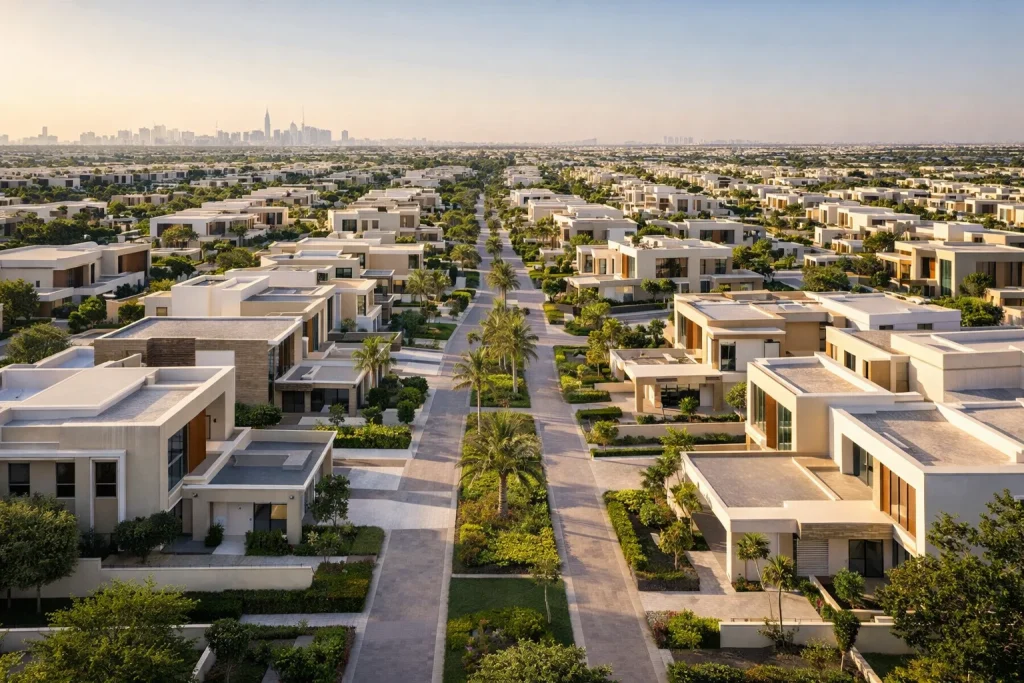 Modern master-planned residential community in Dubai featuring villas and townhouses with green landscaping