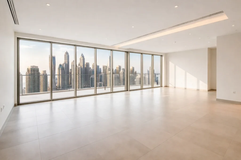 Modern let apartment interior in Dubai representing a managed rental property