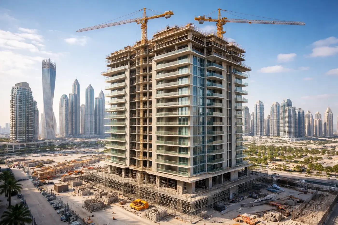 Dubai developers' towers under construction, cranes over an off-plan project site
