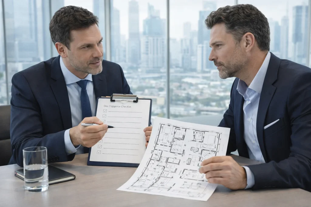 Advisor and investor reviewing due diligence for Dubai property Golden Visa investment