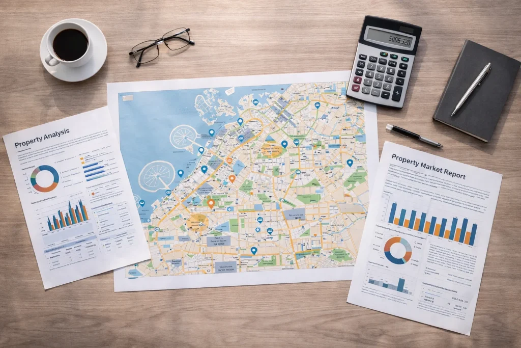 Dubai property investment strategy planning with area analysis and financial modeling