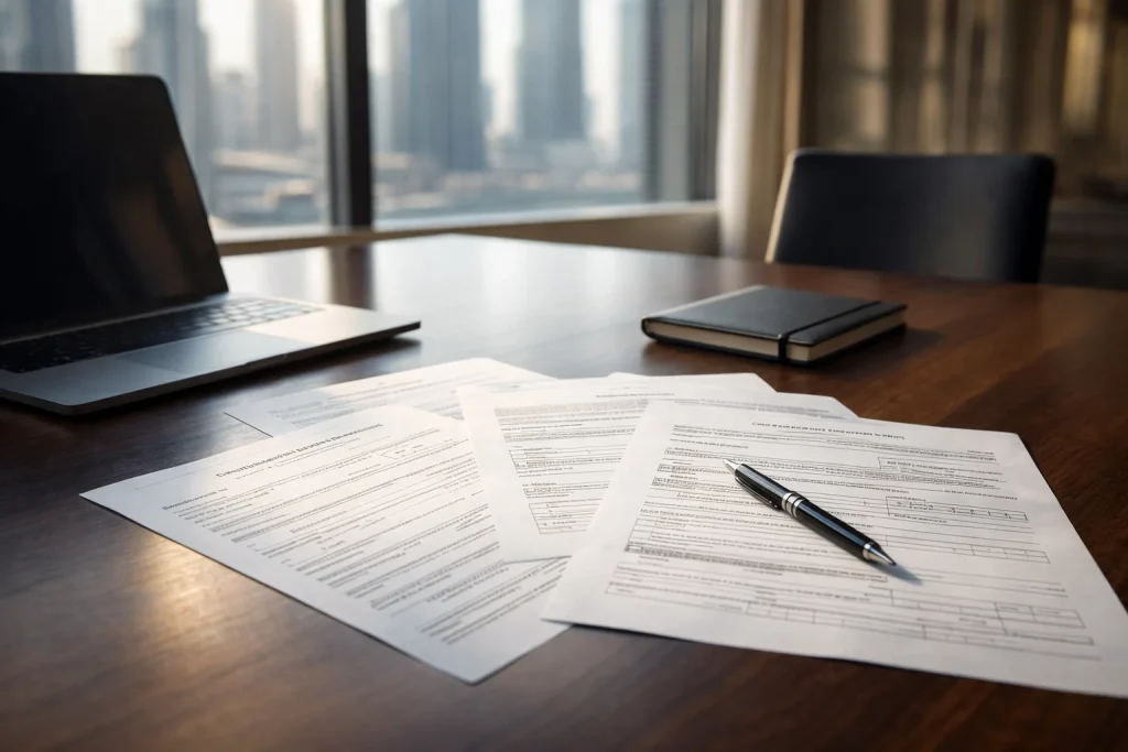 Professional office desk with property sales agreement documents under review.
