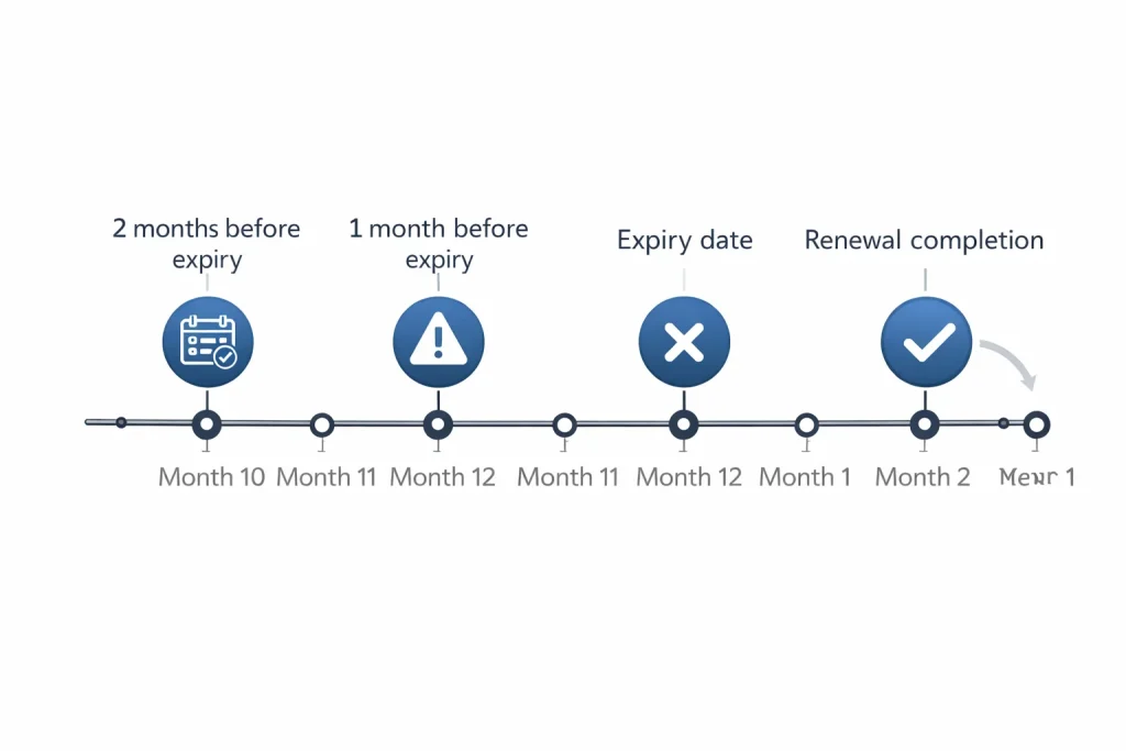 Annual timeline visualization showing key milestones in the Dubai trade license renewal cycle from advance planning to completion