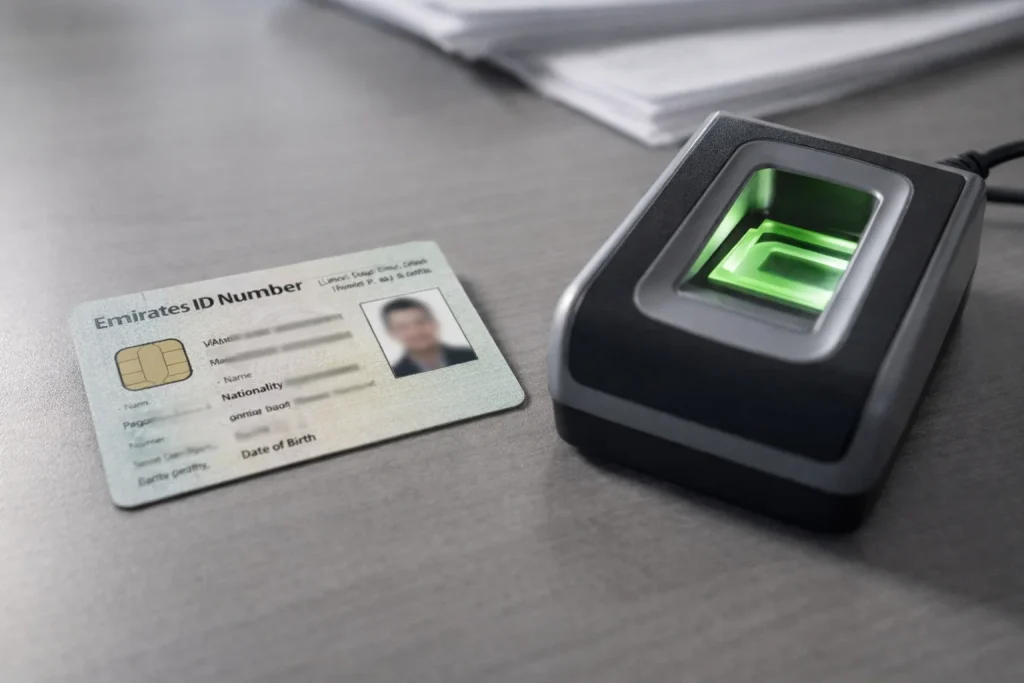 Emirates ID card and biometric registration equipment representing the UAE residency visa application and identity documentation process