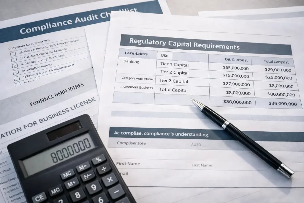 Financial regulatory documentation showing capital requirements and compliance materials for FinTech licensing