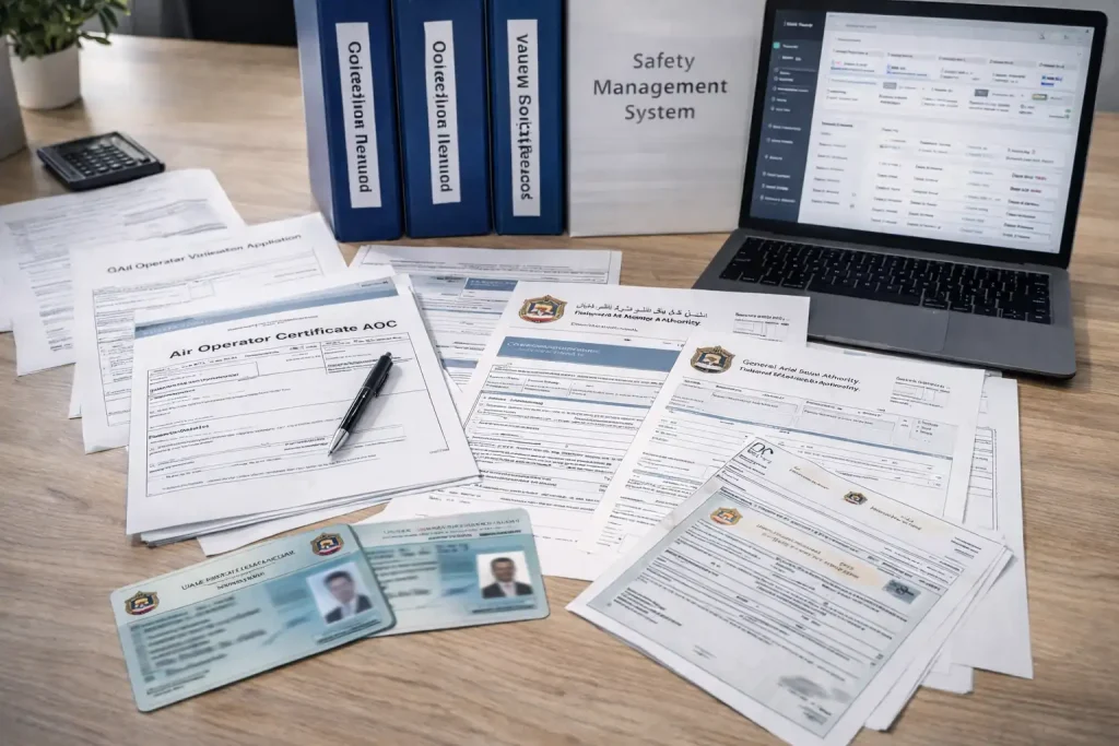 Aviation regulatory documentation including operations manuals, GCAA certificates, and safety management system materials for aviation licensing