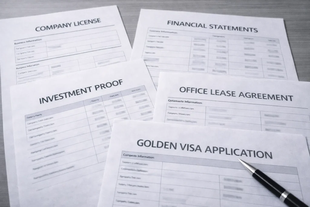 Business formation and Golden Visa application documents showing the integrated process from company setup to long-term residency