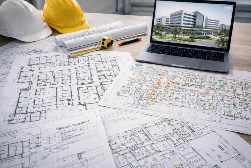 Hospital architectural plans and construction blueprints showing detailed facility design and DHA compliance planning