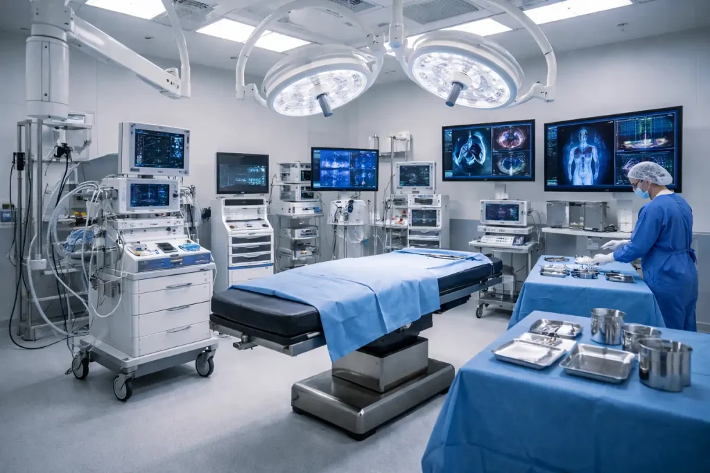 Modern hospital operating theater showing advanced surgical equipment and medical infrastructure