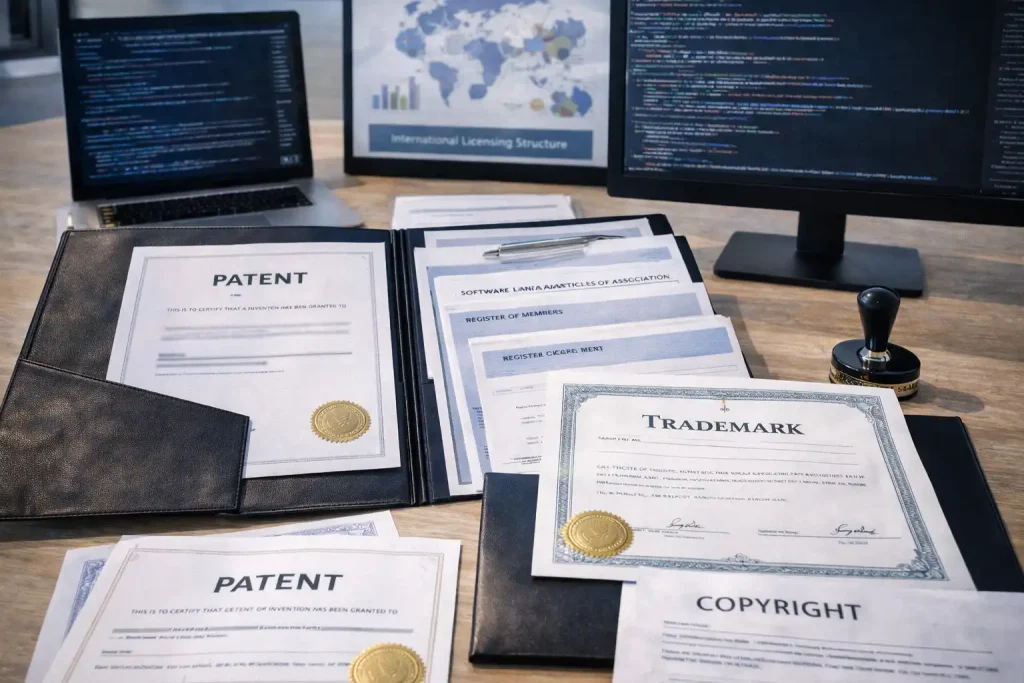 Intellectual property documents including patents, trademarks, and software licensing agreements representing IP holding structure