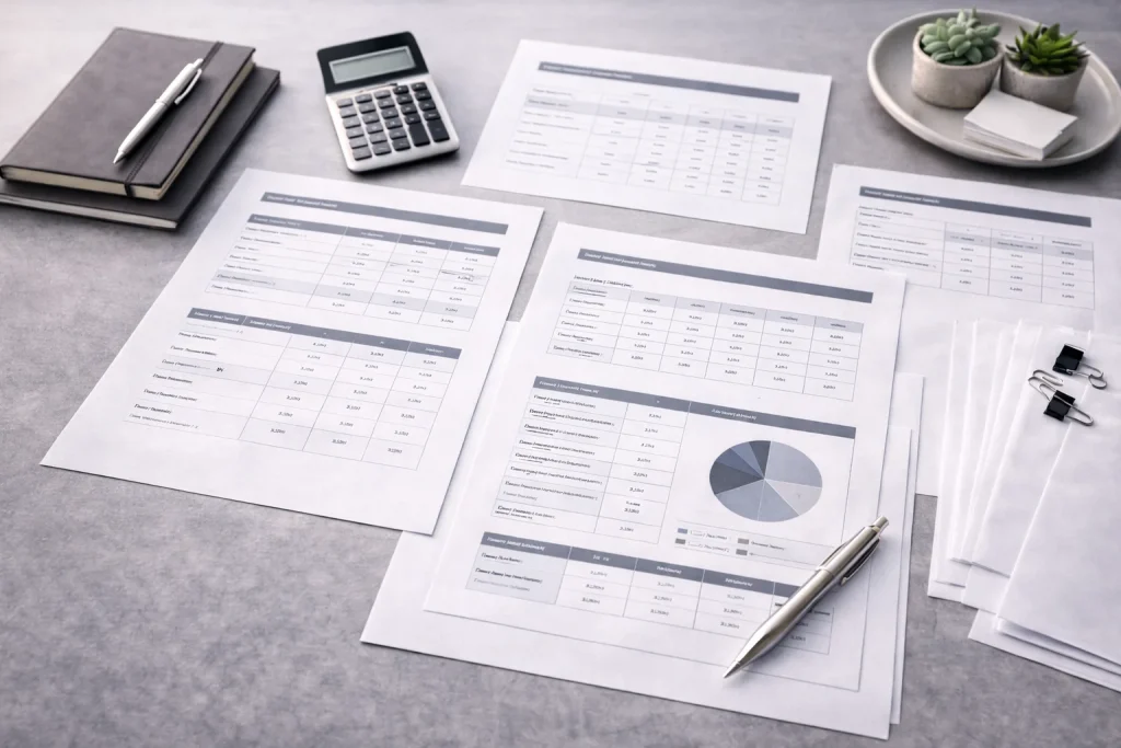 Financial planning documents and cost breakdown spreadsheets for JAFZA Free Zone business setup budgeting
