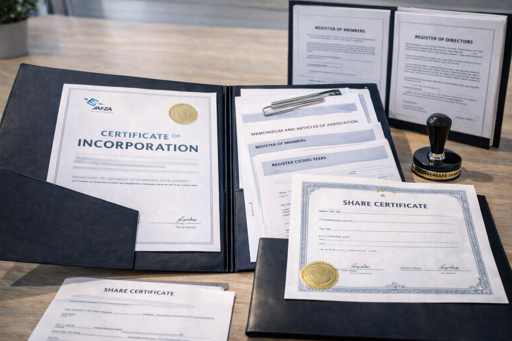 JAFZA offshore company corporate kit showing incorporation certificate, share certificates, corporate seal, and statutory documents