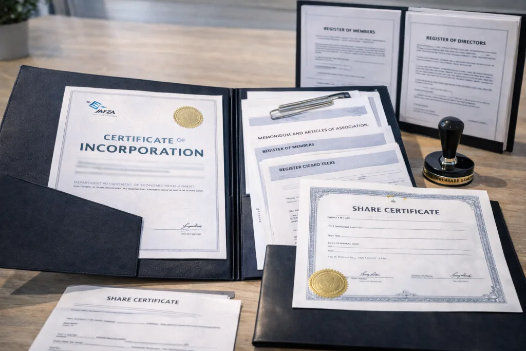 JAFZA offshore company corporate kit showing incorporation certificate, share certificates, corporate seal, and statutory documents