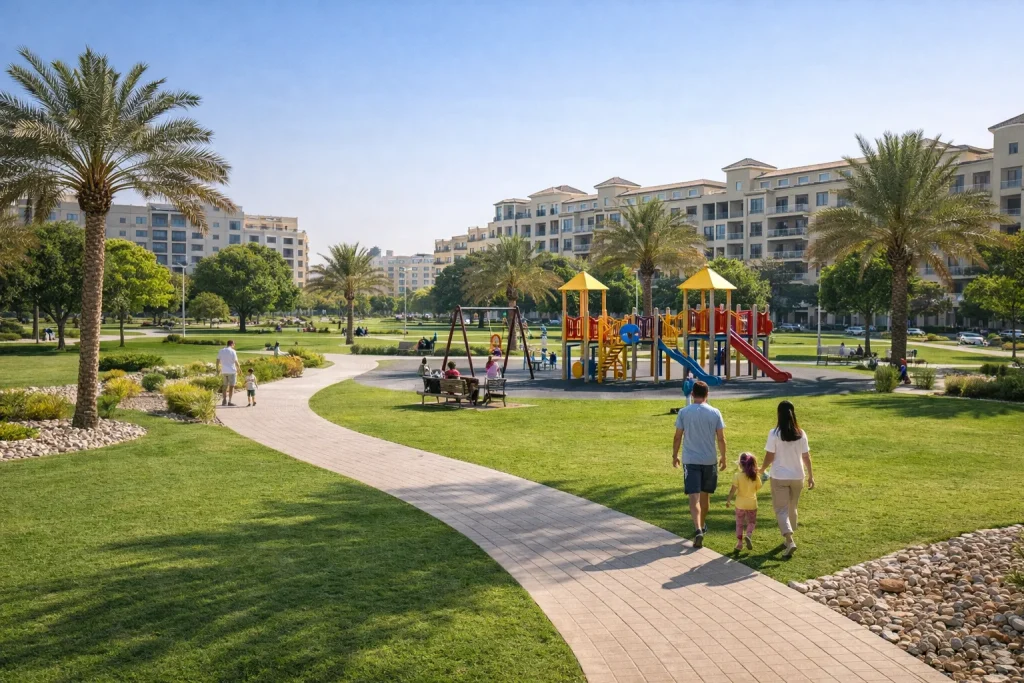 JVC community park showing green spaces and family amenities with residential buildings