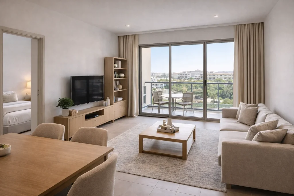 Modern two-bedroom apartment interior in JVC showing family-friendly layout and living space