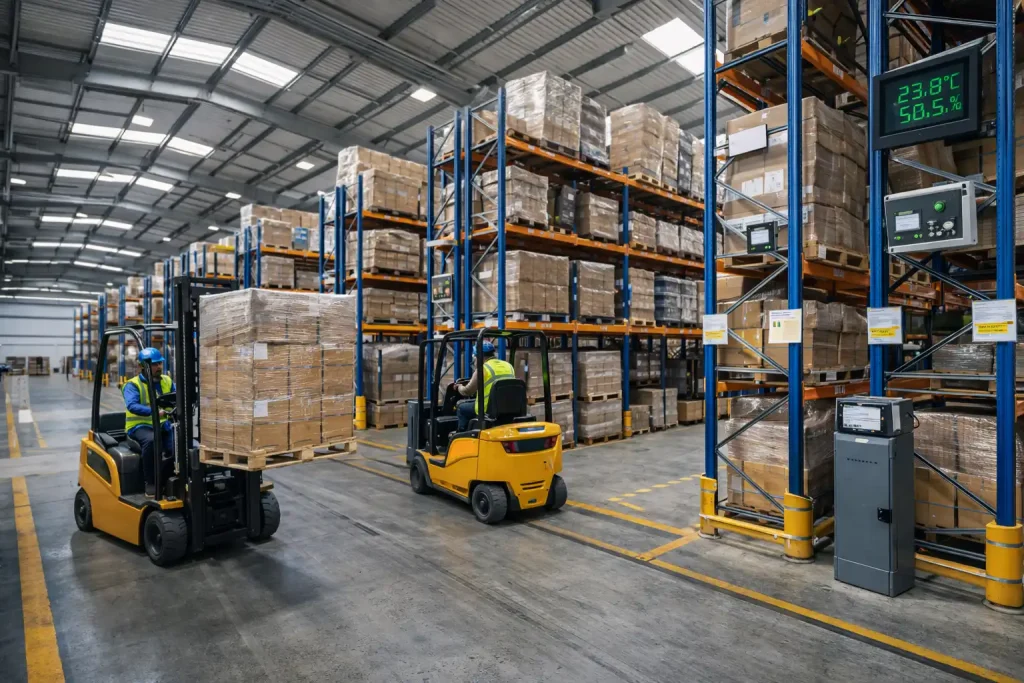 Modern logistics warehouse interior showing organized cargo storage, forklift operations, and distribution infrastructure