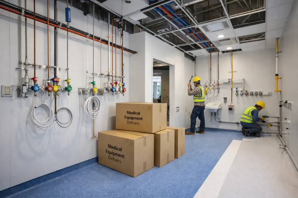 Medical clinic construction showing specialized fit-out with medical-grade plumbing, gas lines, and DHA-compliant infrastructure