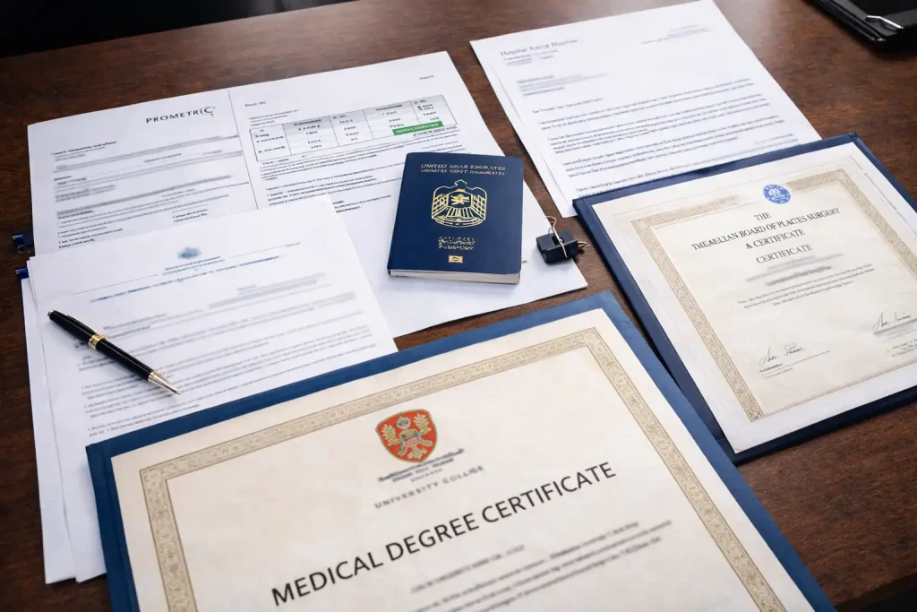 Medical professional licensing documentation including degrees, certifications, and credential verification materials for DHA licensing