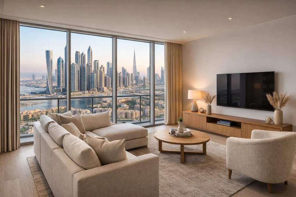 Well-furnished modern Dubai apartment interior with city views and premium finishes