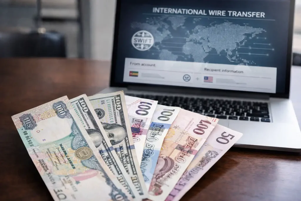 Multiple international currencies representing multi-currency banking and cross-border payment capabilities
