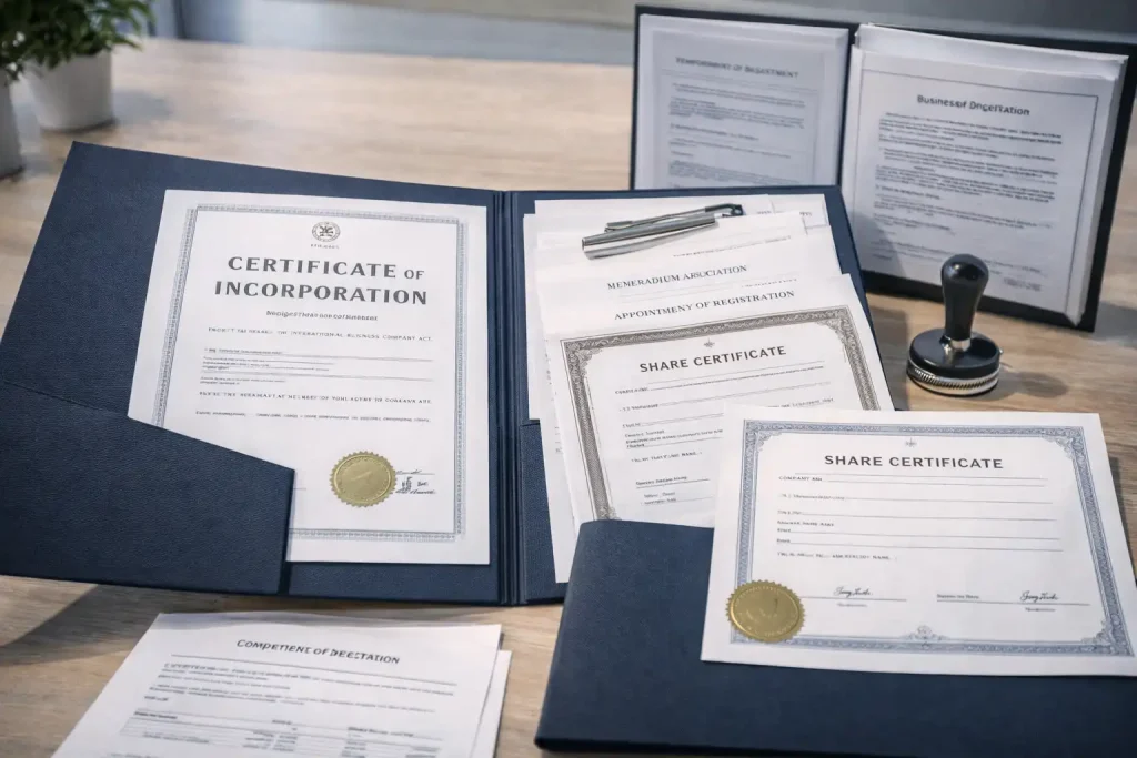 UAE offshore company corporate kit showing incorporation certificate, share certificates, and company seal