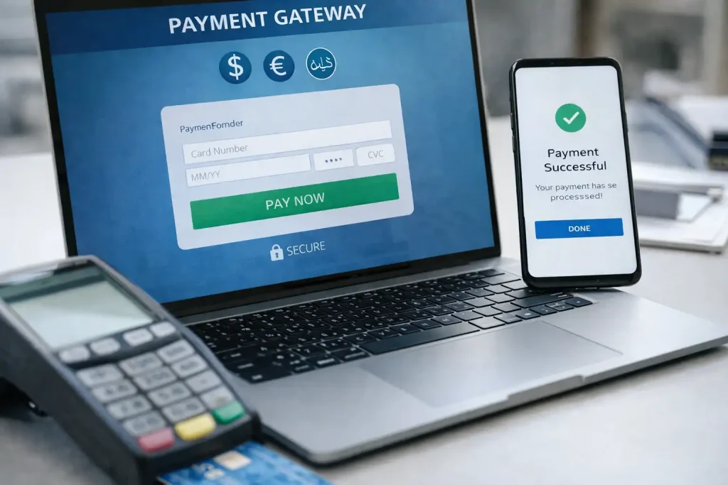 Digital payment gateway interface showing multi-currency transaction processing for e-commerce businesses