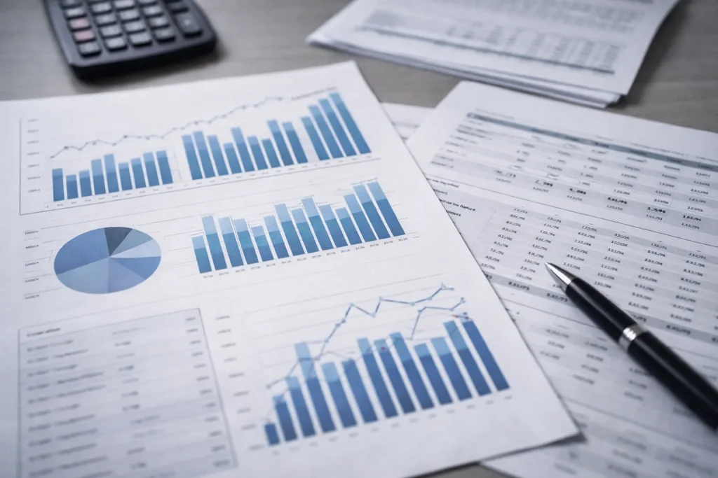 Professional accounting and tax services documents showing financial reports and strategic business analysis