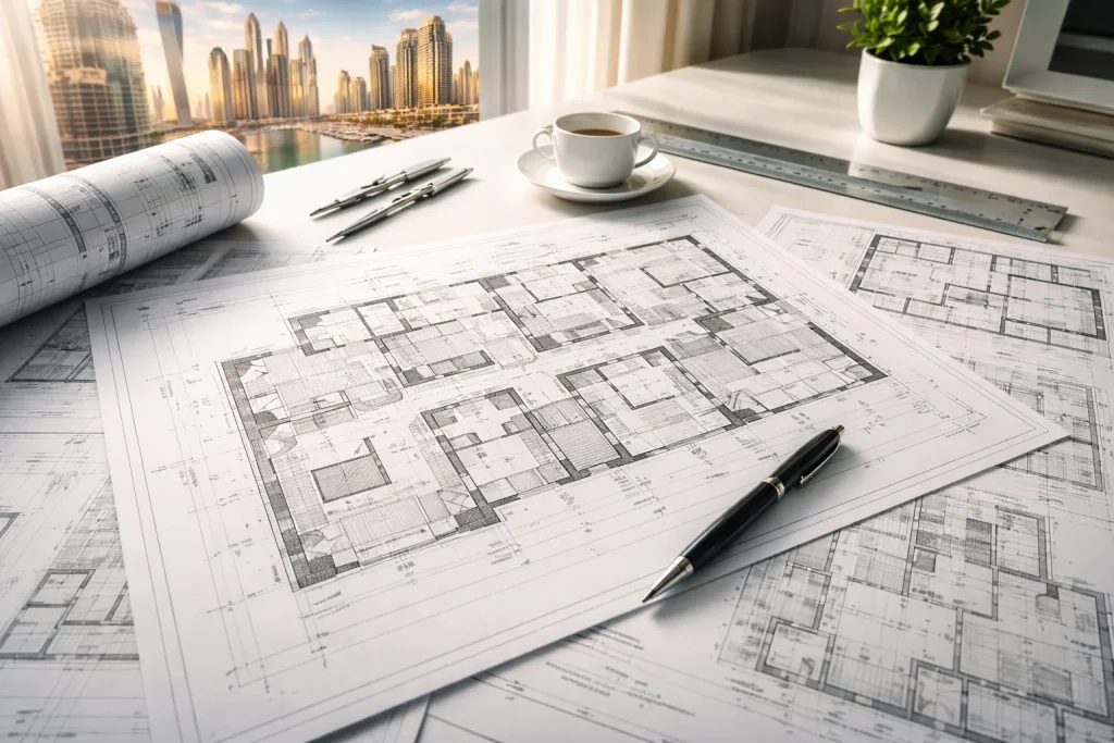 Property investment planning documents and architectural floor plans on professional desk