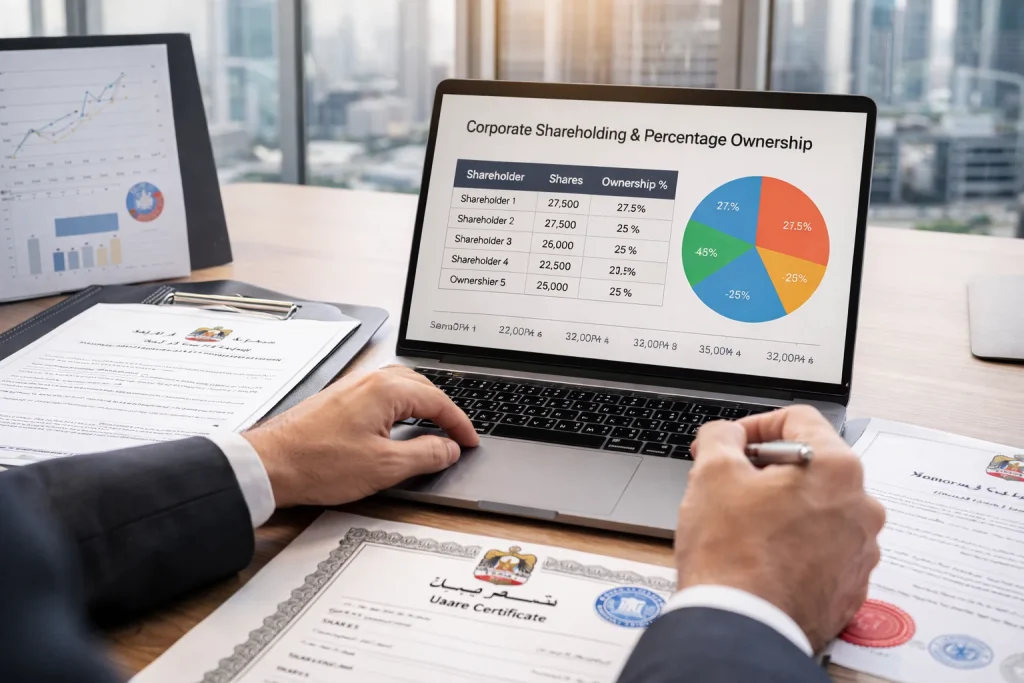 Professional review of shareholding percentages and ownership documentation for UAE Partner Visa eligibility