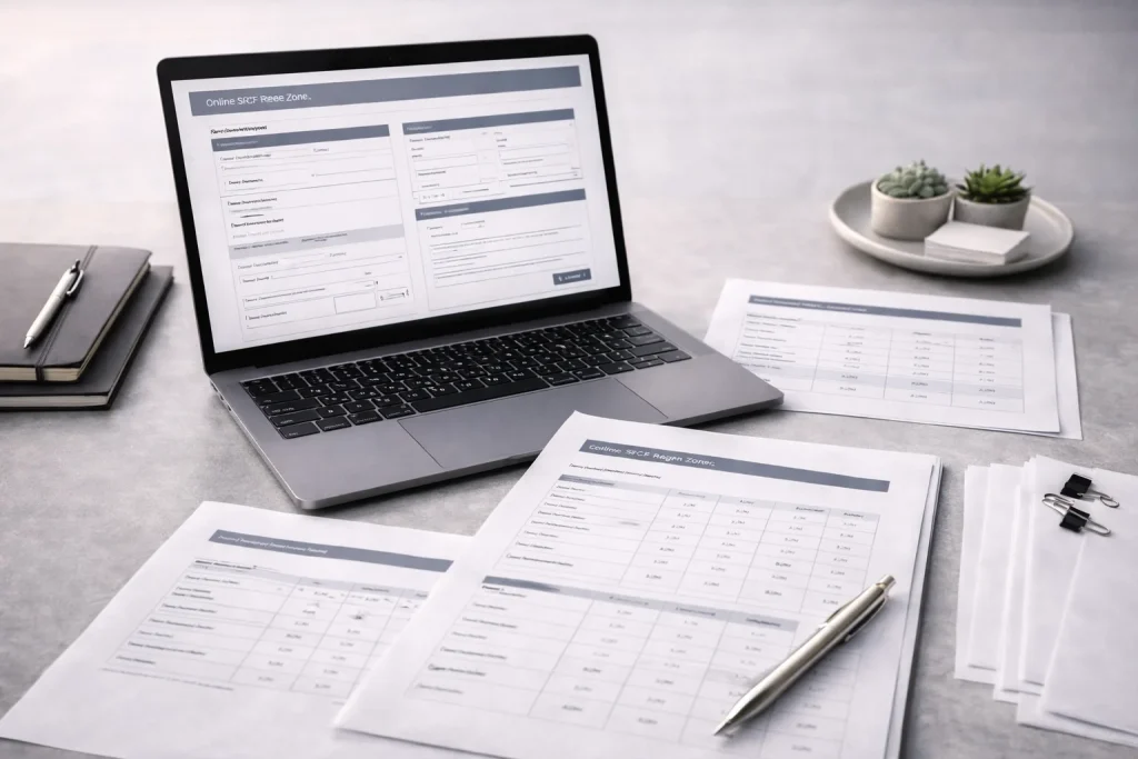 SPC Free Zone digital setup process with application documents representing efficient 7-10 day licensing timeline