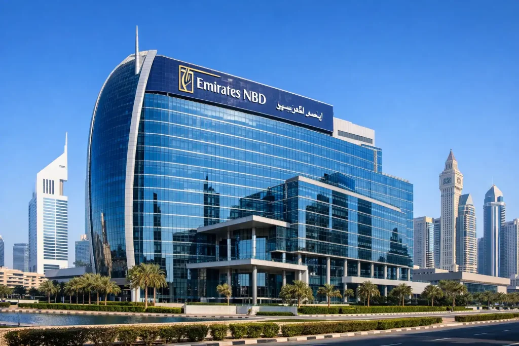 Modern UAE bank headquarters building representing the established banking infrastructure in Dubai's financial district