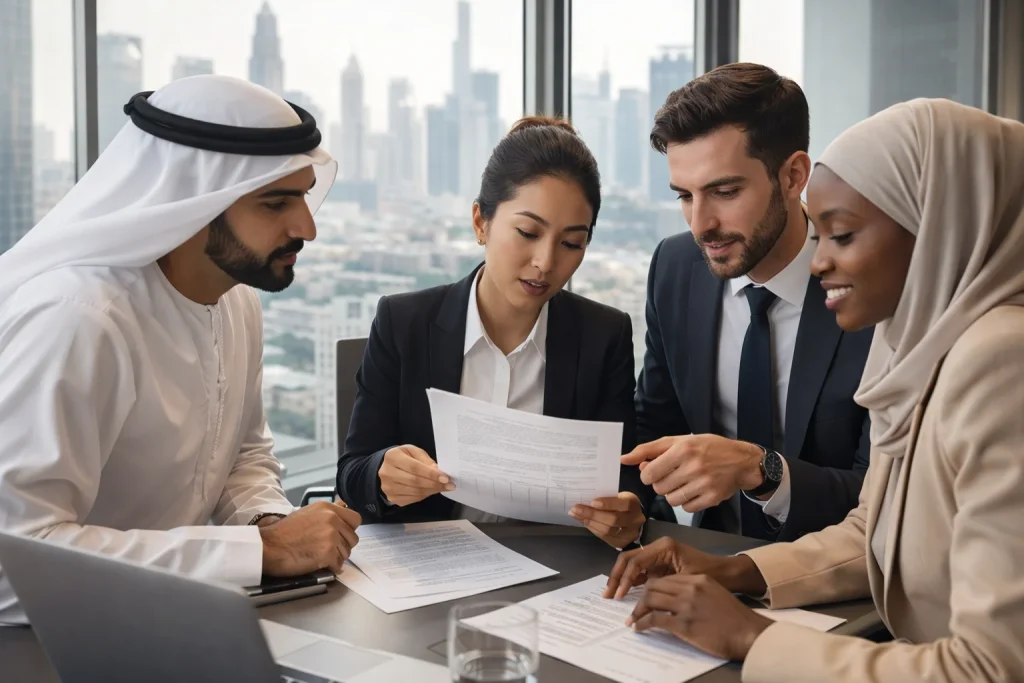 Business professionals consulting on UAE free zone selection and company formation strategy