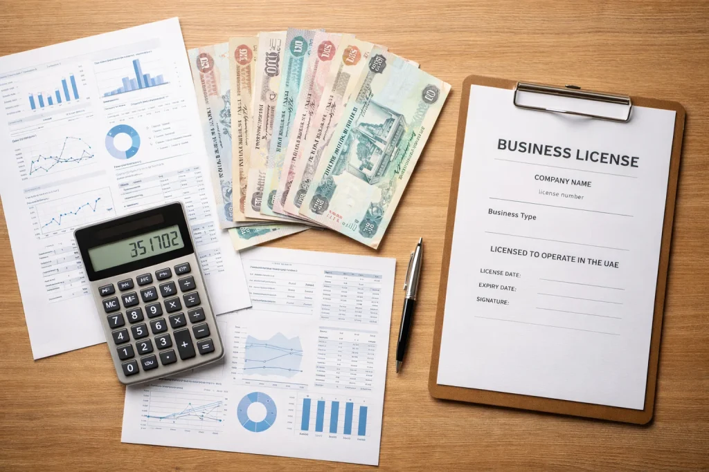  Business planning documents and UAE currency for free zone setup budgeting
