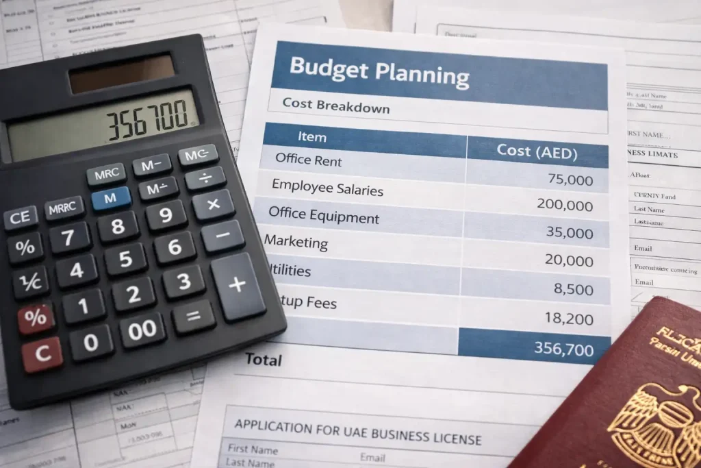 Financial budget planning documents and calculator showing itemized UAE business setup costs and documentation