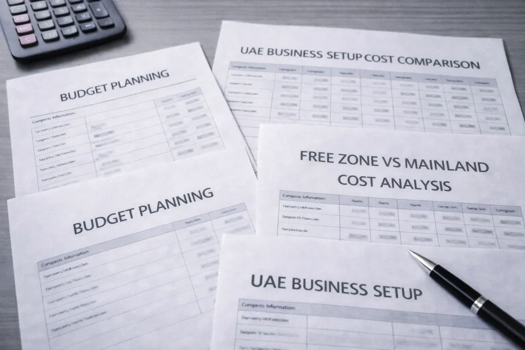 UAE business setup cost comparison documents and budget planning spreadsheets showing free zone and mainland analysis