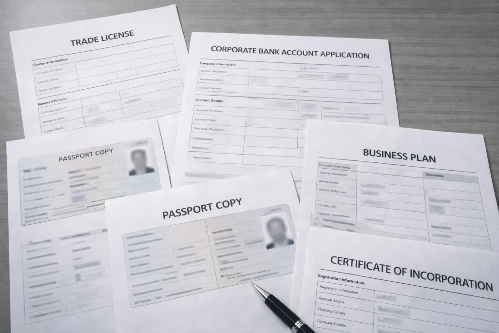 Corporate bank account application documents including trade license, business plan, and company certificates for UAE banking
