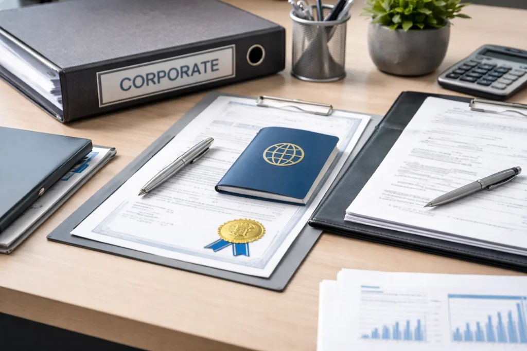 Organized corporate documents including certificates, passports, and business paperwork required for UAE banking and compliance