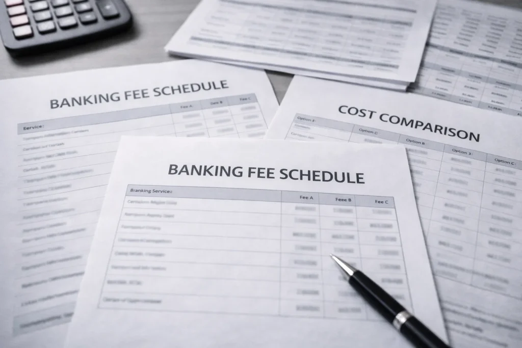 Corporate banking cost analysis documents and fee planning spreadsheets for UAE business accounts