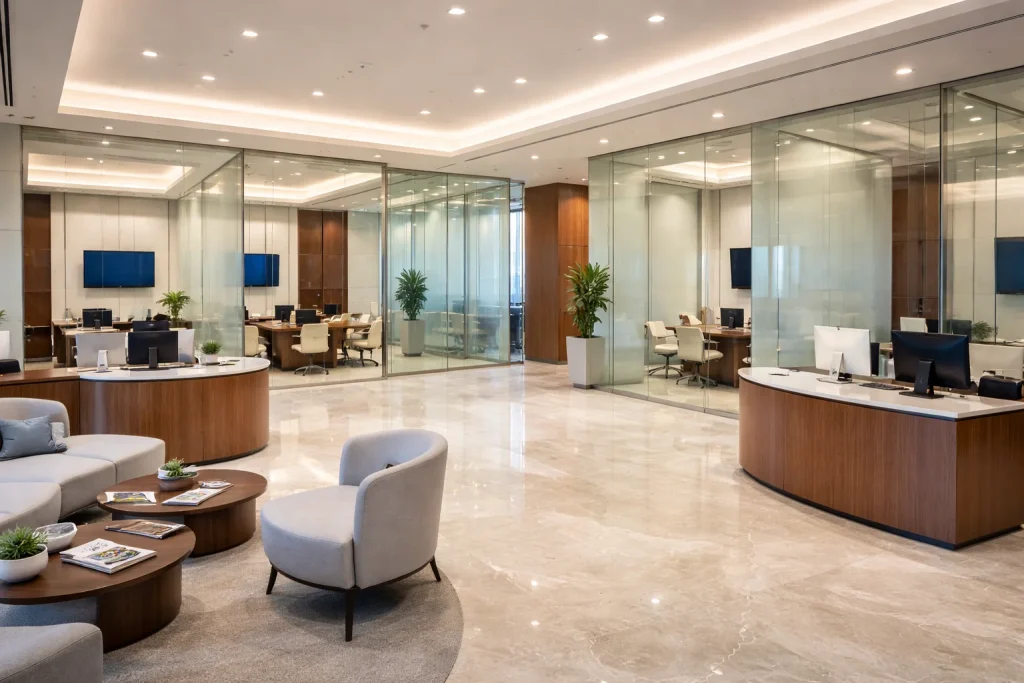 Modern UAE bank corporate banking center where business account opening and verification procedures are conducted