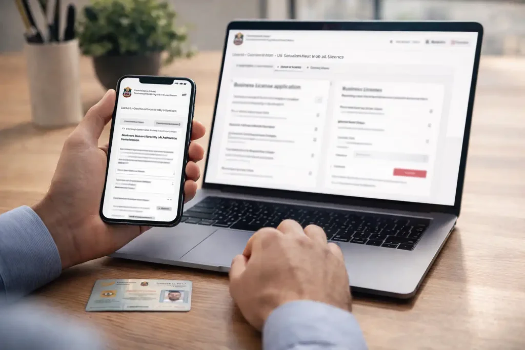 Digital business setup process showing UAE government online services portal for technology license applications