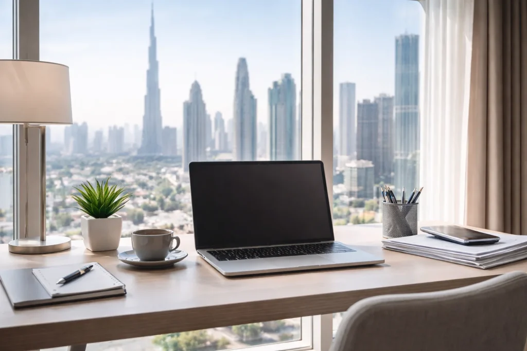 Modern UAE remote work environment and digital nomad workspace with professional setup