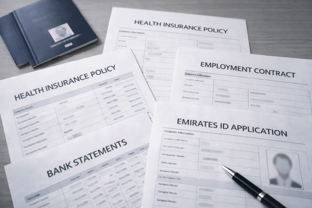 UAE Digital Nomad Visa application documents including passport, health insurance, employment proof, and bank statements