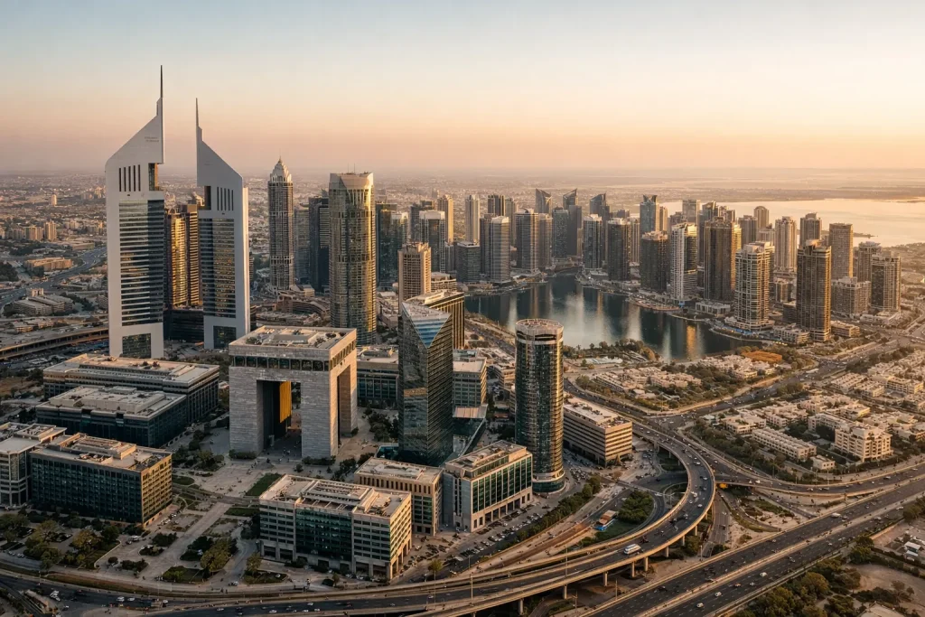 Aerial view of Dubai's business districts including DIFC and JLT showing diverse free zone infrastructure