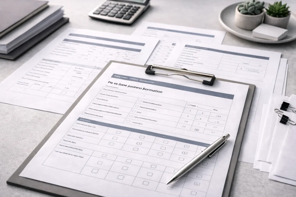 UAE free zone business formation documents representing the streamlined license application and approval process