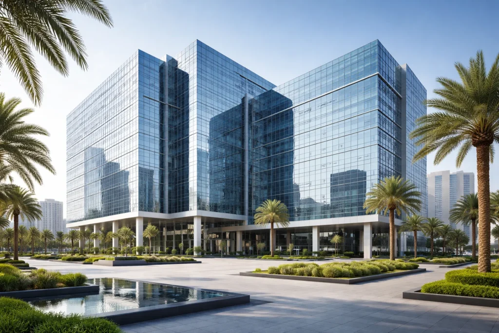 Modern office building in UAE free zone business district