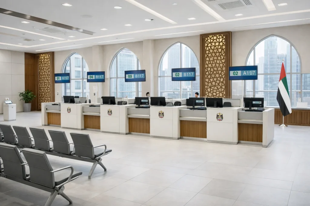 Modern UAE immigration service center for investor visa processing and applications