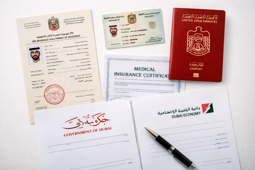 UAE residency visa documents, Emirates ID, and medical insurance certificates required for mainland company sponsorship