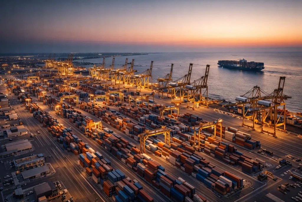 Modern UAE port and logistics infrastructure showing container operations and supply chain facilities